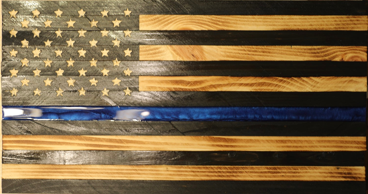Medium Wooden Rustic Thin Blue Line Flag w/ Epoxy blue stripe (13 in X 24.75 in) image 0