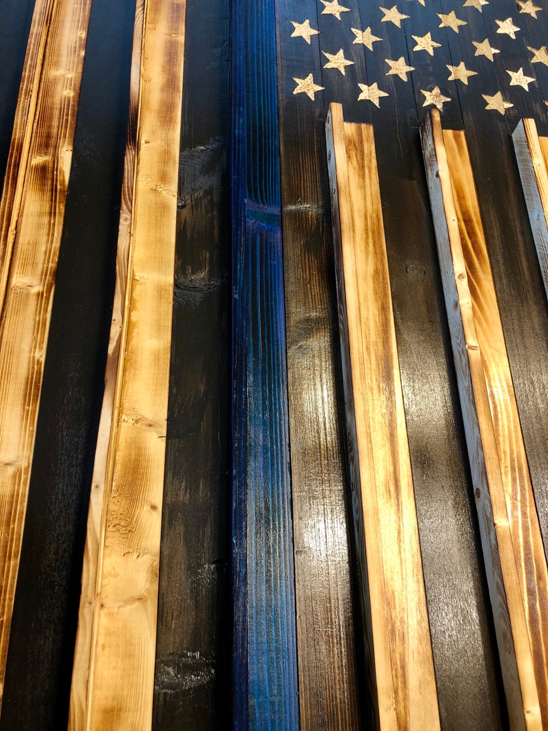Large Wooden Rustic Thin Blue Line Flag Challenge Coin Holder (19.5 in X 37 in) image 1