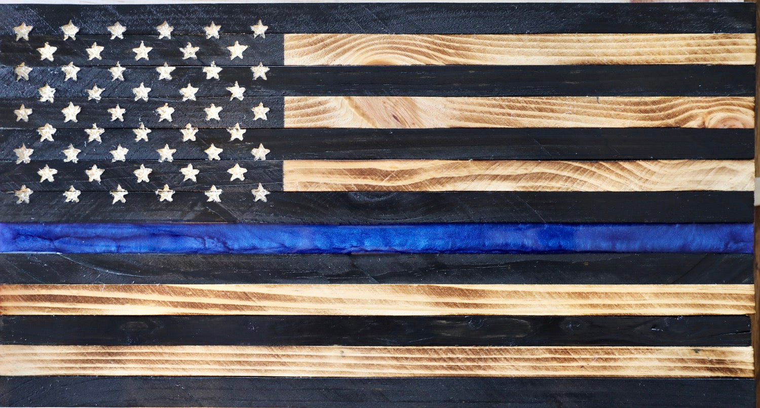 Small Thin Blue Line Flag with blue epoxy stripe. (9 inches X 18.5 inches) image 0