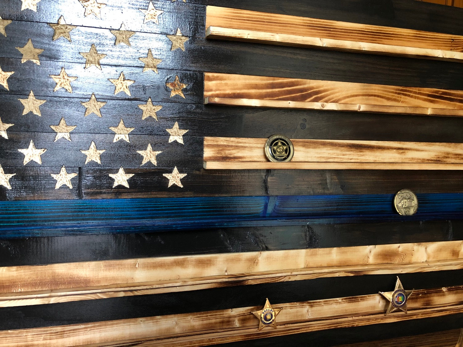 Large Wooden Rustic Thin Blue Line Flag Challenge Coin Holder (19.5 in X 37 in) image 0