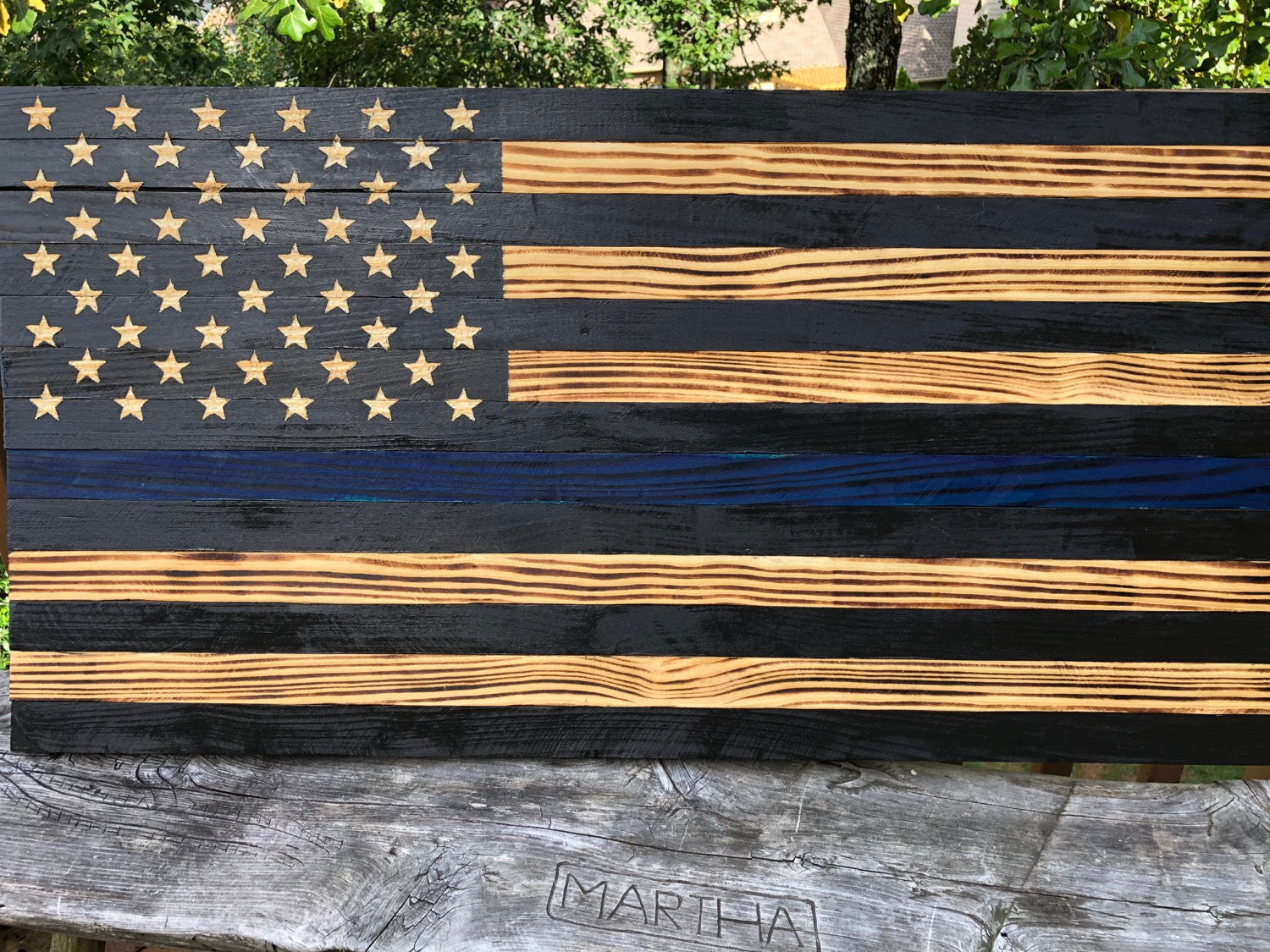 Large Wooden Rustic Thin Blue Line Flag (19.5 inches X 37 inches) image 1