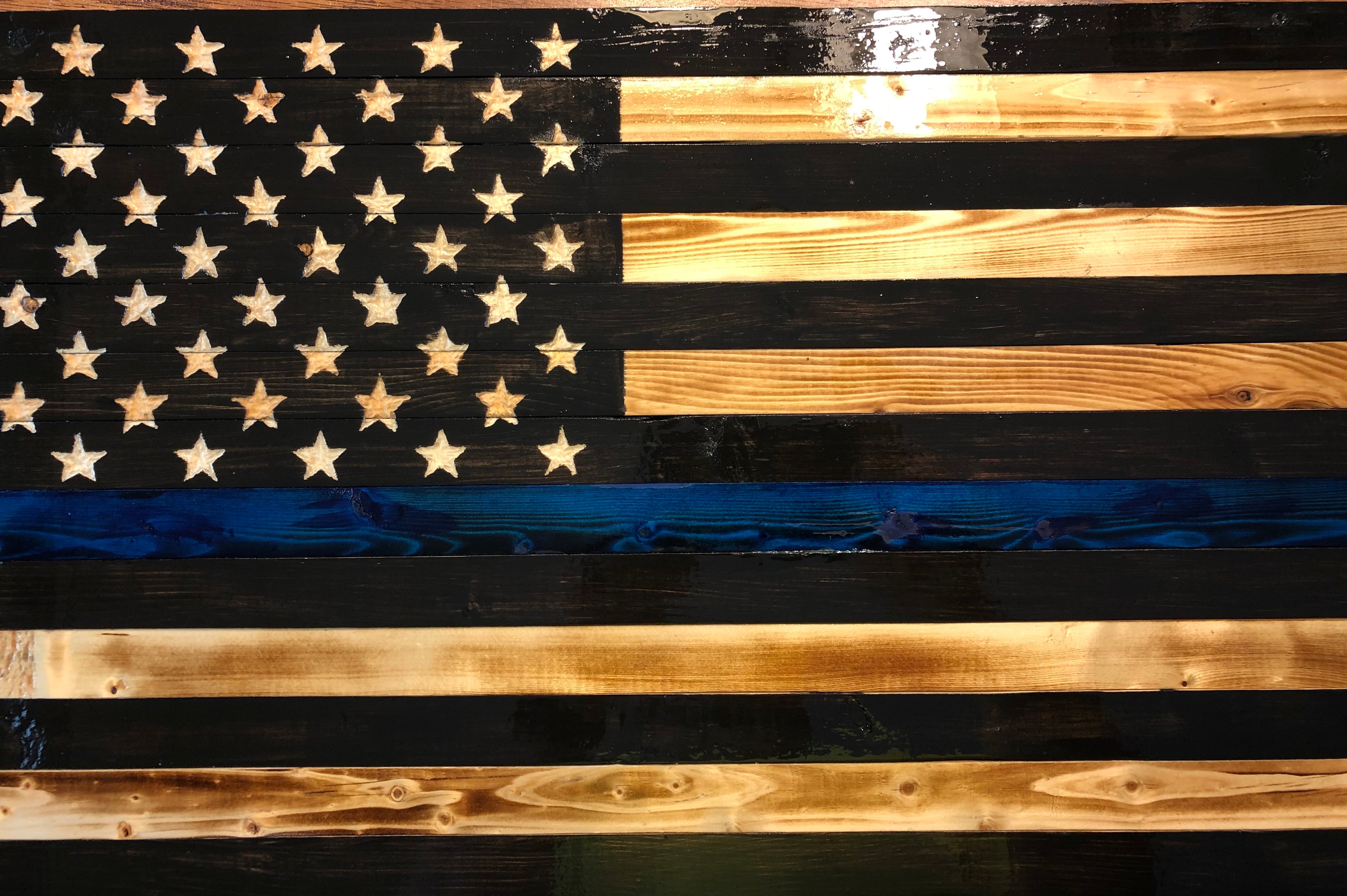 Large Wooden Rustic Thin Blue Line Flag (19.5 inches X 37 inches) image 0